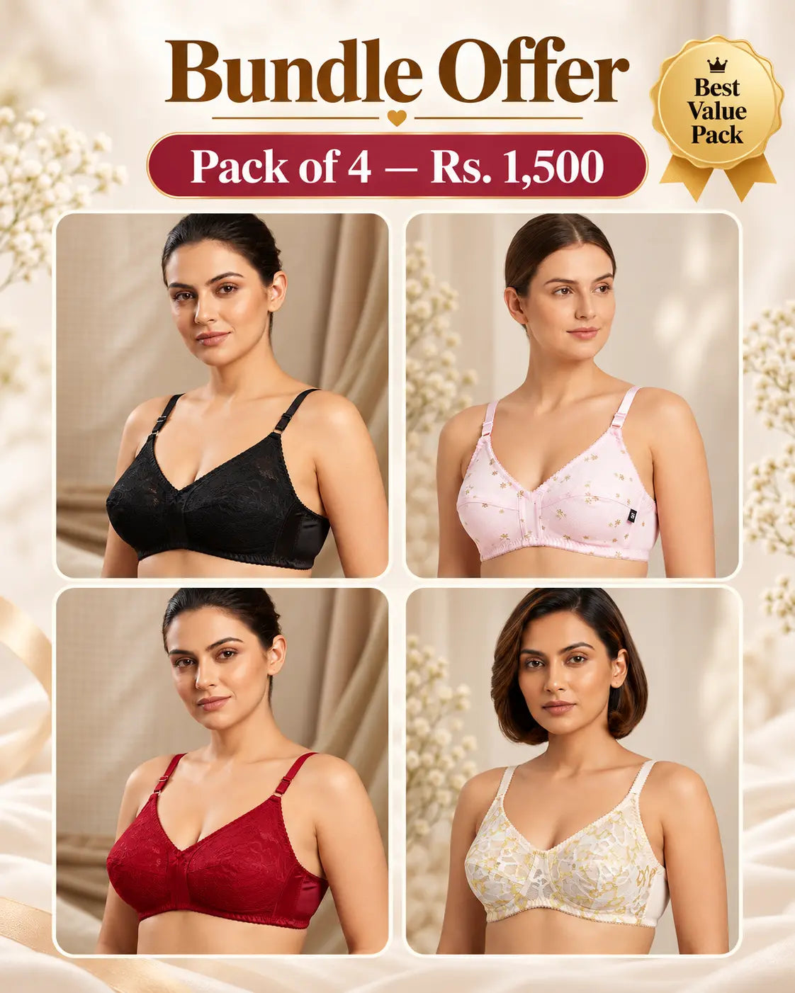 Pack of 4 Women’s Comfort Bras – Soft Support & Everyday Wear